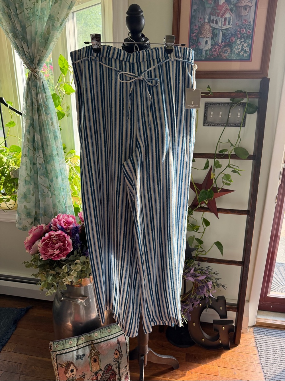 Jules & Leopold Blue and White Vertical-Striped Wide-Leg Pants